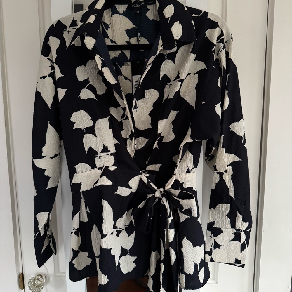 Tolani Navy and White Floral Wrap Blouse